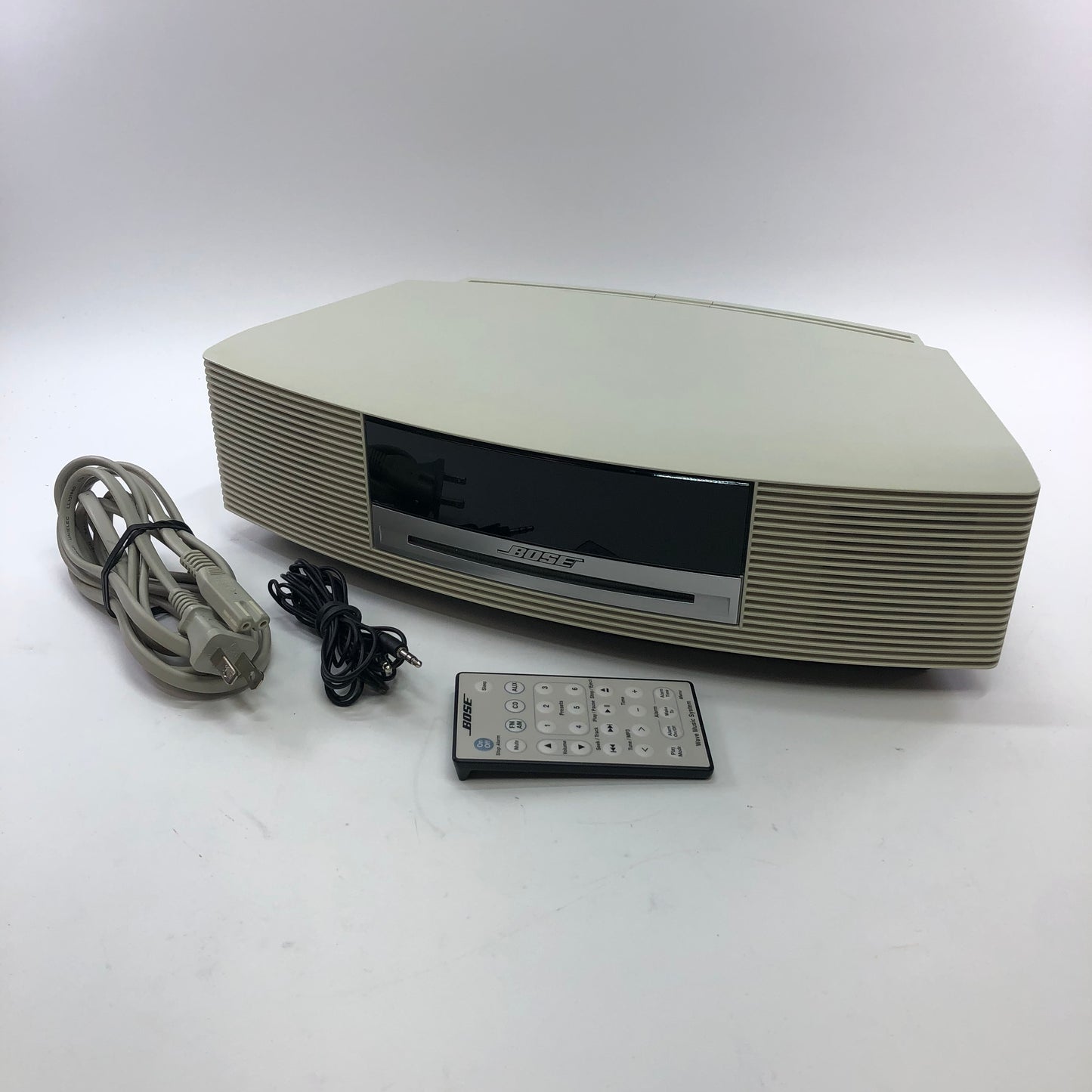 Bose Wave Music System Stereo Speaker, With Power Cable, Aux Cable, and Remote