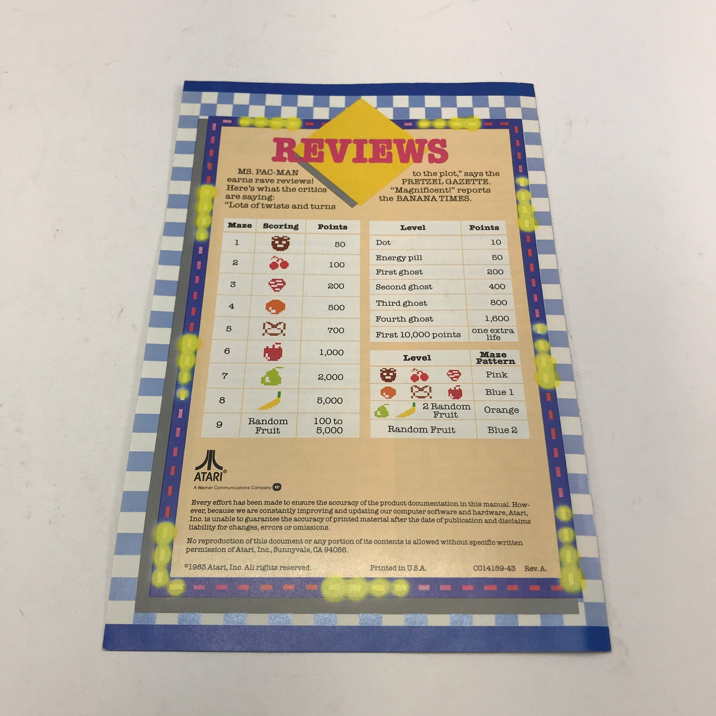 Ms. Pac-Man (Atari 400, 1982) Cartridge and Manual Only