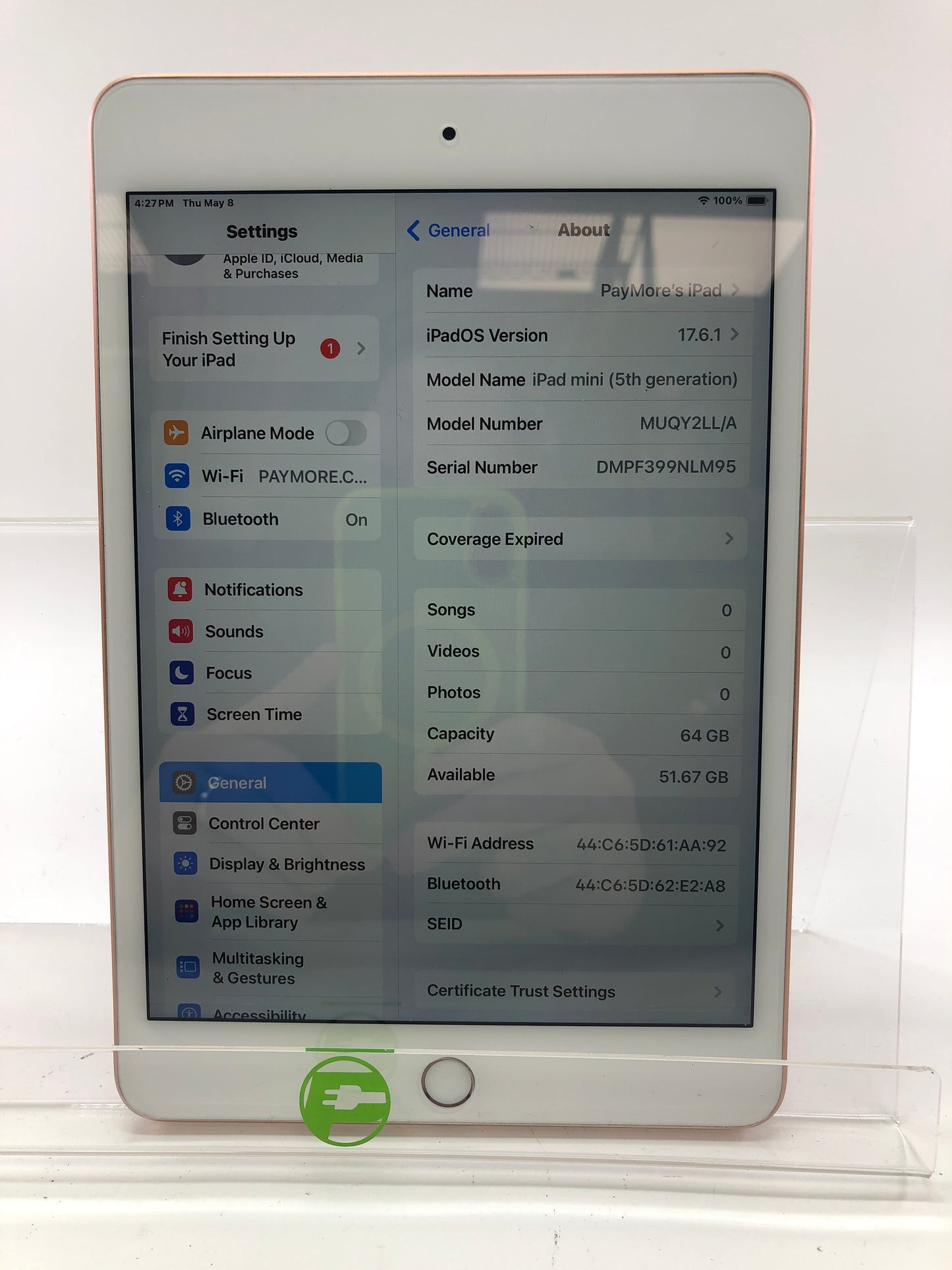 WiFi Only Apple iPad Mini 5th Gen 64GB 18.0 Pink A2133