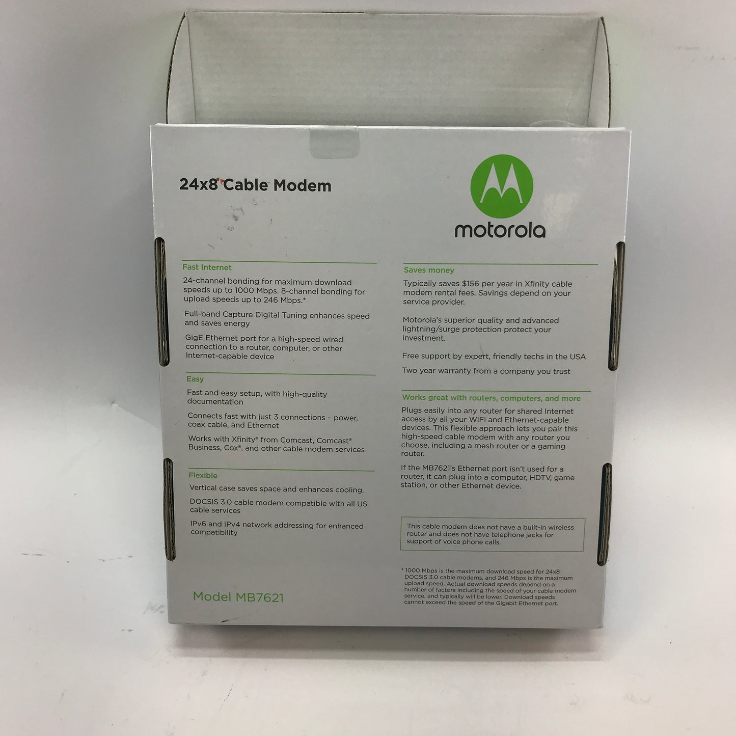 Motorola 24x8 Cable Modem MB7621-30 w/ Original Box, No Ethernet or Power Cable