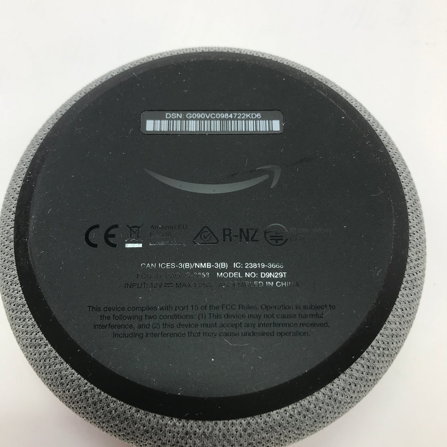 Amazon Echo Dot 3rd Gen Smart Speaker Charcoal w Power Supply D9N29T