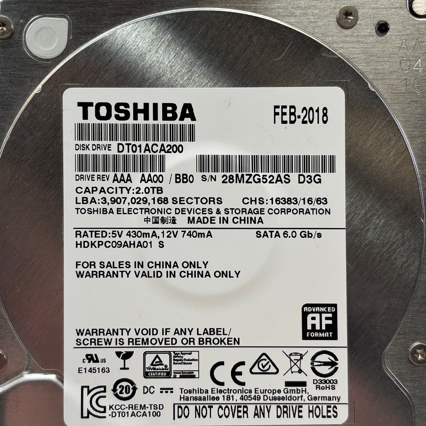 Toshiba 3.5" DT01ACA200 2TB SATA III 6Gbps HDD HDKPC09A7A01 S