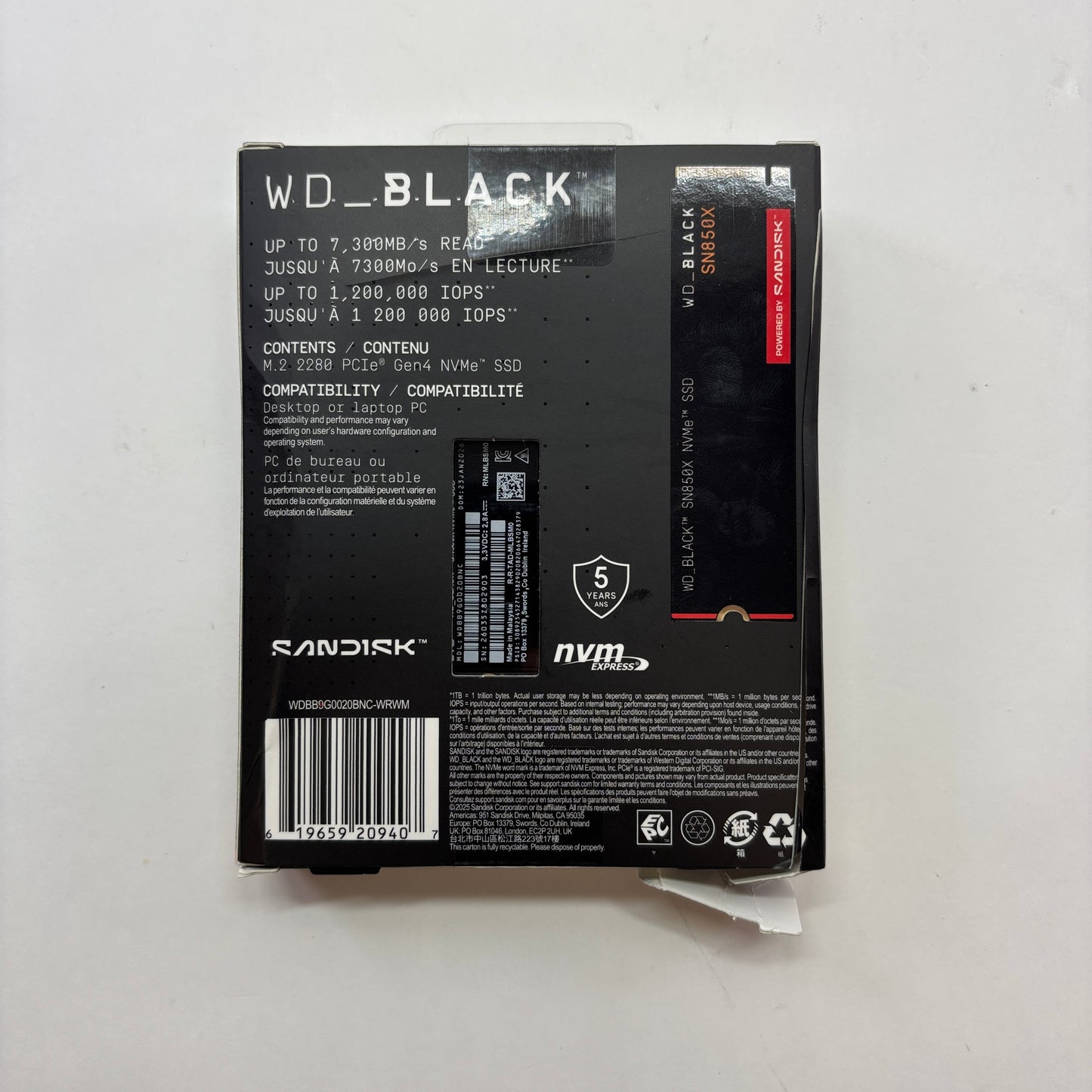 New SanDisk 2280mm Black SN850X 2TB M.2 NVMe Gen 4.0 x 4 SSD WDBB9G0020BNC-WRWM