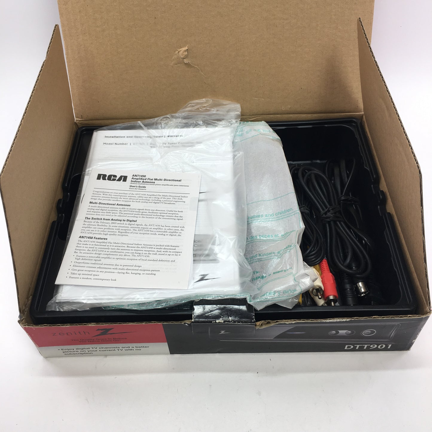 Zenith DTT901 Converter Box With Remote and Cables in Original Packaging