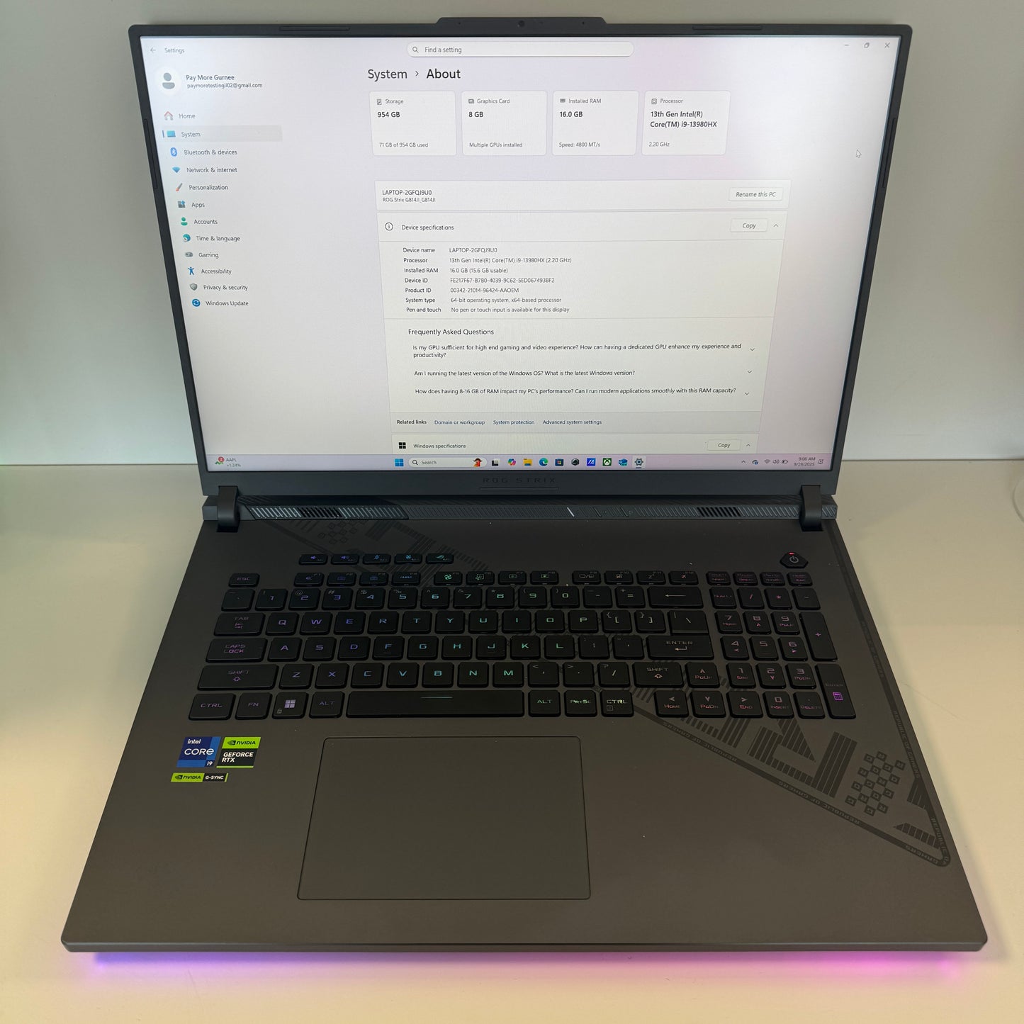 ROG Strix G i9-13980HX 2.20GHz 16GB RAM 1TB SSD Intel GeForce RTX 4070 Open Box 