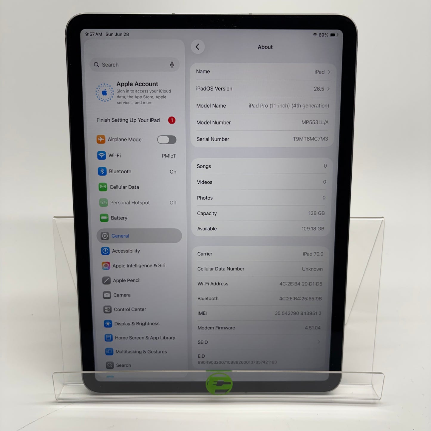 Unlocked Apple iPad Pro 11" 4th Gen 128GB Silver MP553LL/A