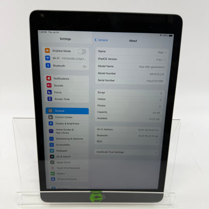 Wi-Fi Only Apple iPad 9th Gen 64GB SPACE GRAY MK2K3LL/A