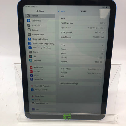 WiFi Only Apple iPad 10th Gen 64GB Blue MPQ13LL/A Tested and Working