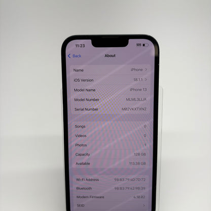 Unlocked Apple iPhone 13 128GB 18.1.1 Midnight MLML3LL/A