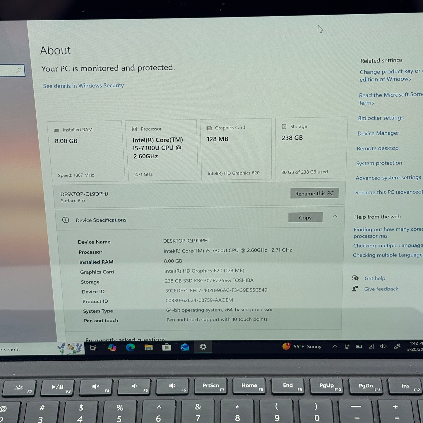 Microsoft Surface Pro 5 1796 12.3" i5-7300U 2.6GHz 8GB RAM 256GB SSD