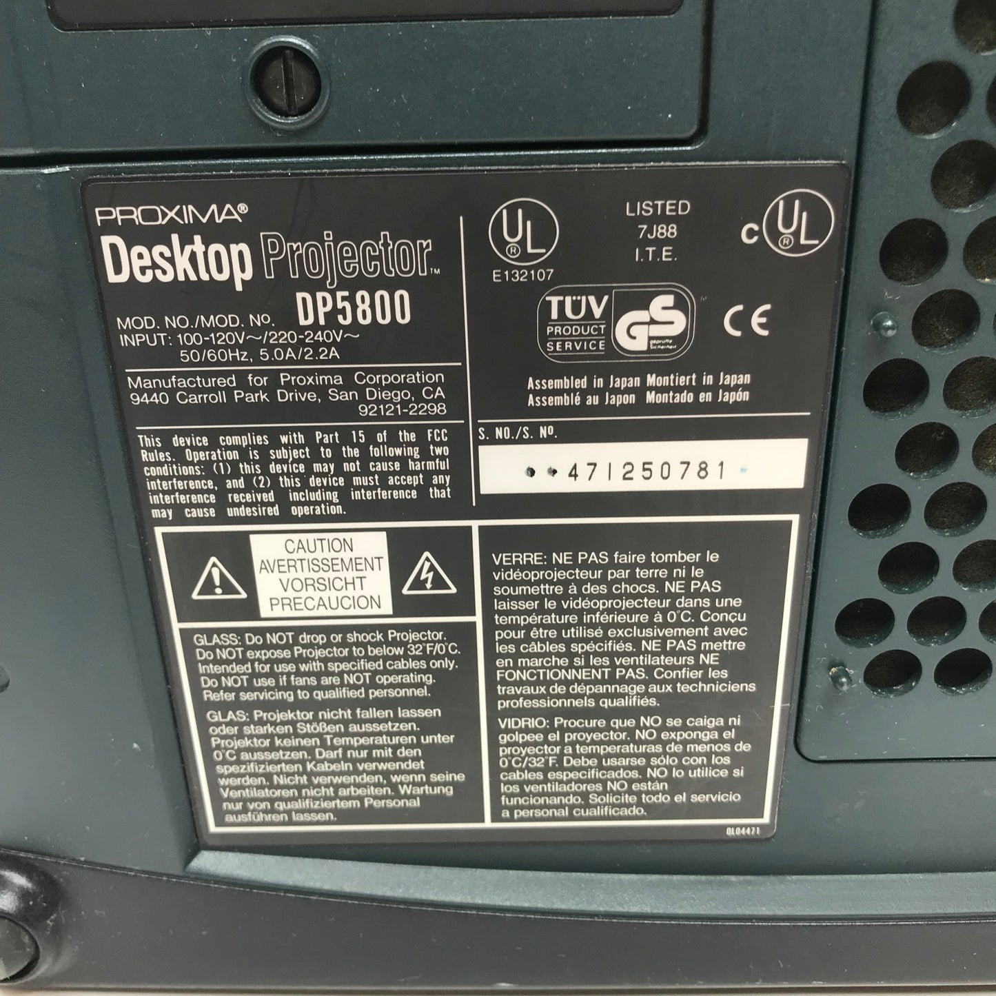 Proxima Desktop Projector, Res 800x600, 650 Lumens, DP5800, With Power Cable