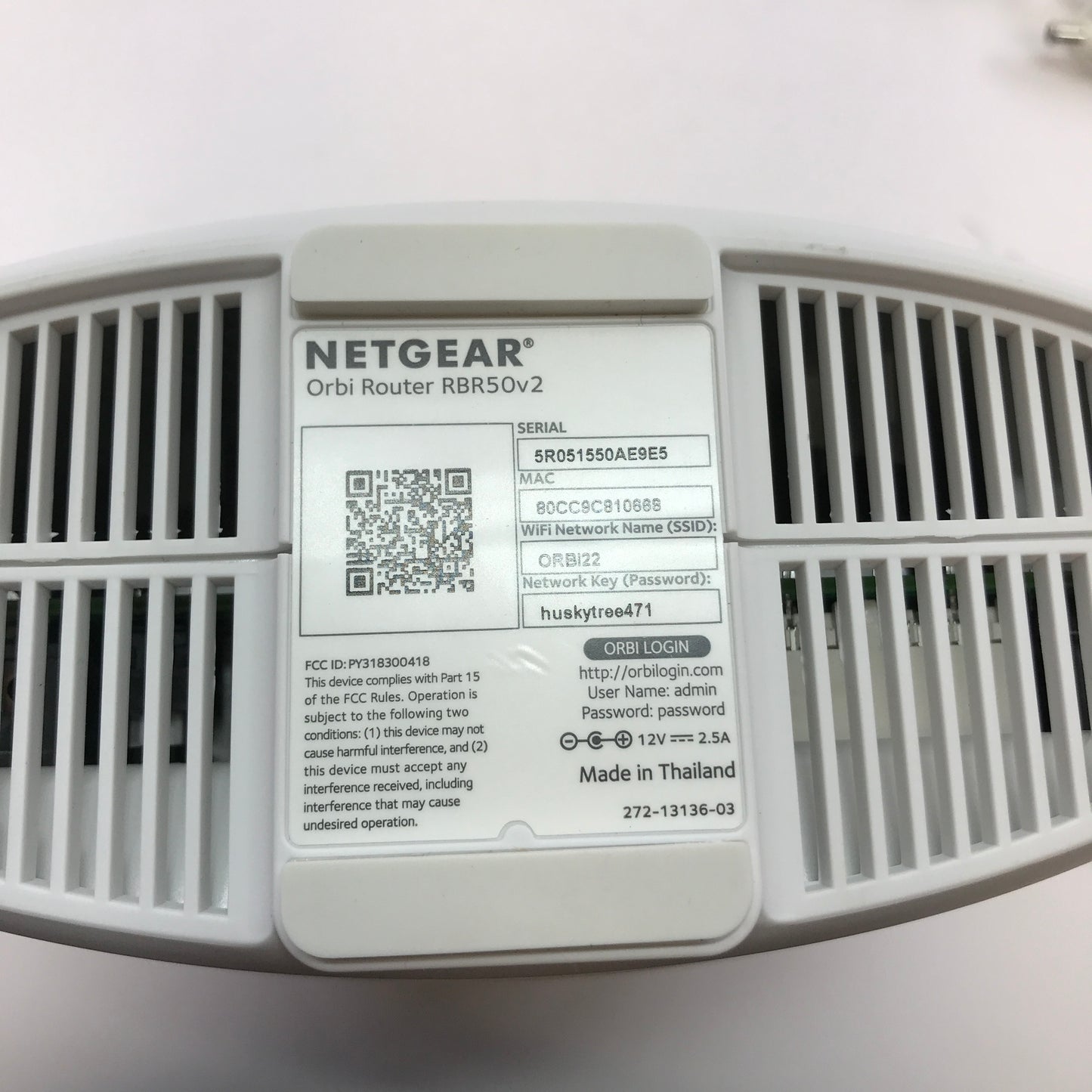 NETGEAR Orbi Router RBR50v2 Tri Band Mesh WiFi Router AC3000 w Power Supply