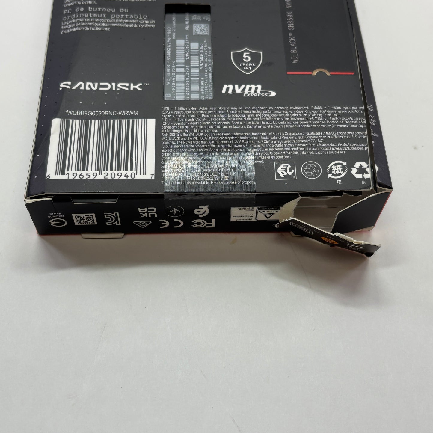 New SanDisk 2280mm Black SN850X 2TB M.2 NVMe Gen 4.0 x 4 SSD WDBB9G0020BNC-WRWM