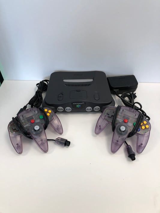 Nintendo 64 With 2 Atomic Purple Controllers Video Game Console NUS-001 Black