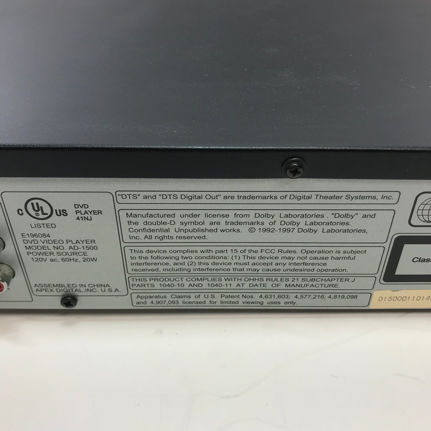 Apex Digital AD-1500 DVD/VCD/MPE/CD PLAYER E196084 w Manual and Remote