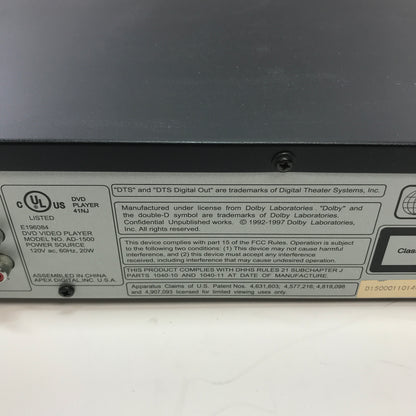 Apex Digital AD-1500 DVD/VCD/MPE/CD PLAYER E196084 w Manual and Remote