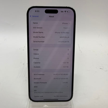 Unlocked Apple iPhone 14 Pro Max 1TB 17.4.1 Deep purple MQ953LL/A