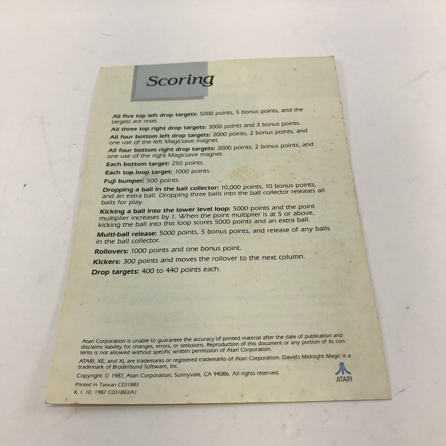 David's Midnight Magic (Atari 400, 1986) Manual and Cartridge Only