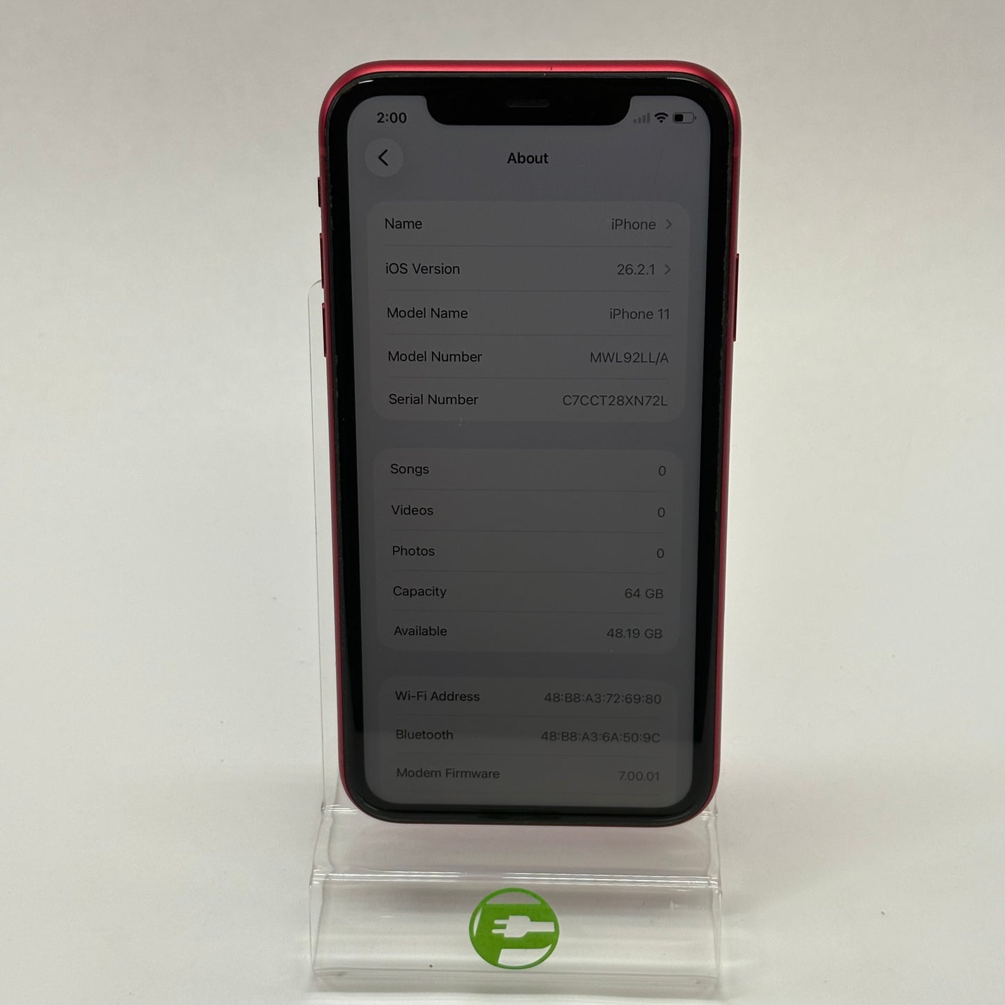 Unlocked Apple iPhone 11 64GB 26.2.1 Red MWL92LL/A