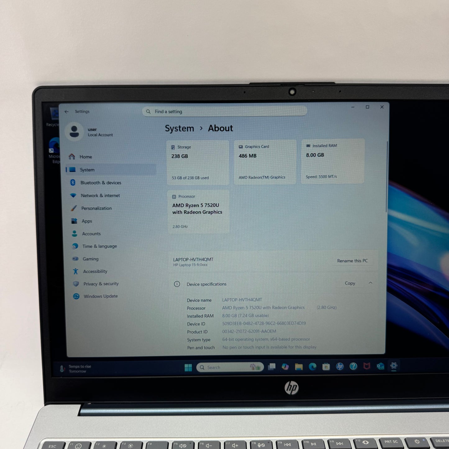 HP Laptop 15-FC0037 Ryzen 5 7520U 2.8GHz 8GB RAM 256GB SSD