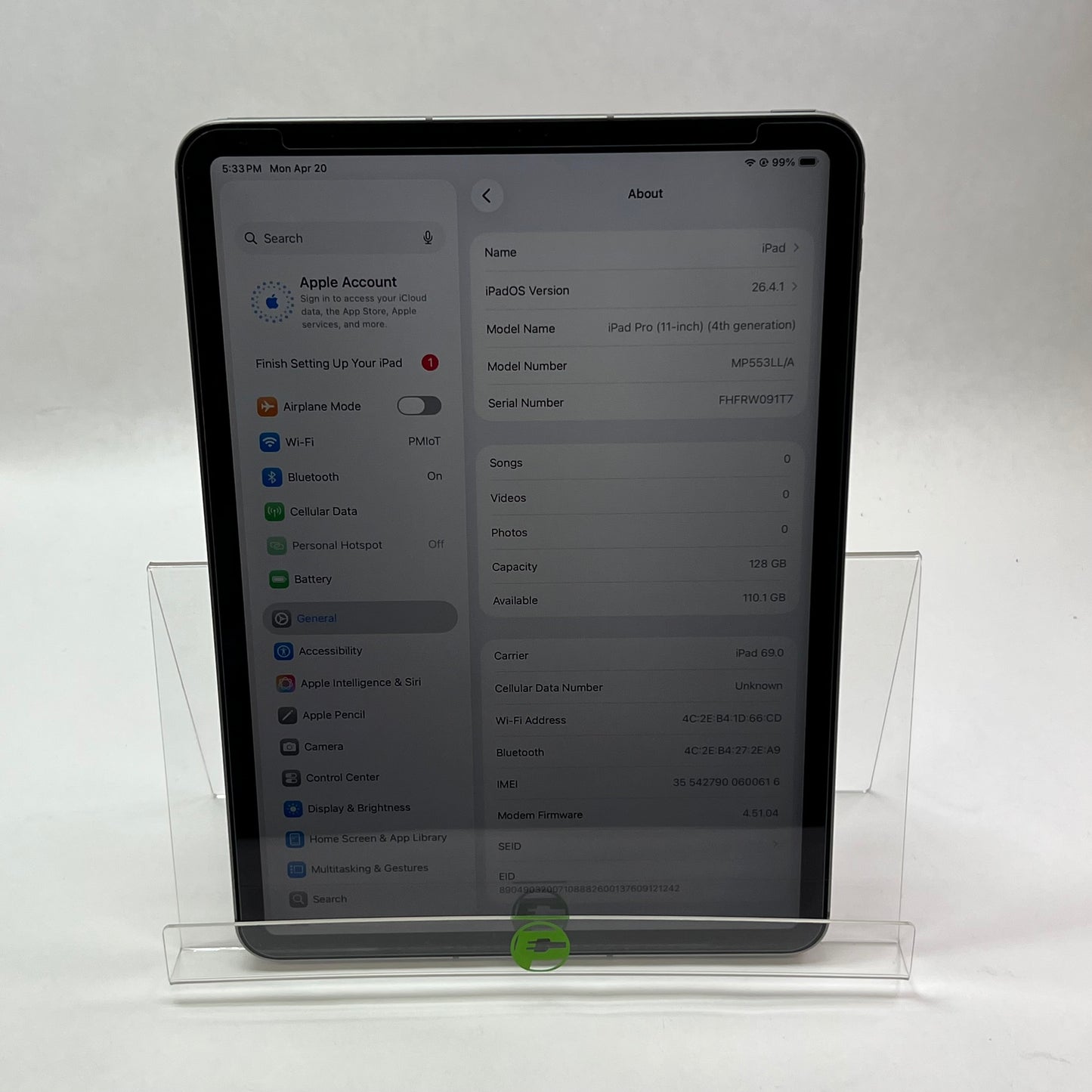 Factory Unlocked Apple iPad Pro 11" 4th Gen 128GB Space Gray MP553LL/A