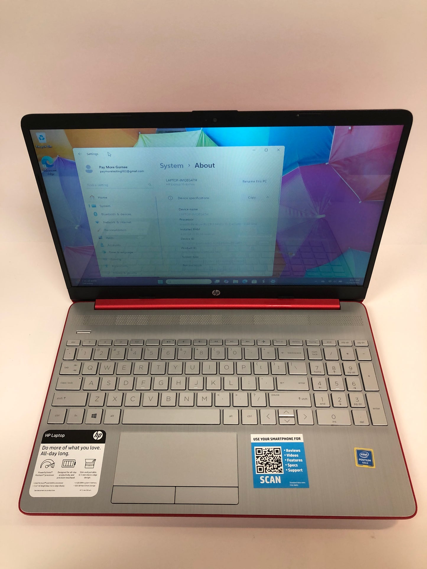 Broken HP 15-DW1081WM 15.6" Pentium Gold 6405U 2.4GHz 4GB RAM 500GB SSD Read