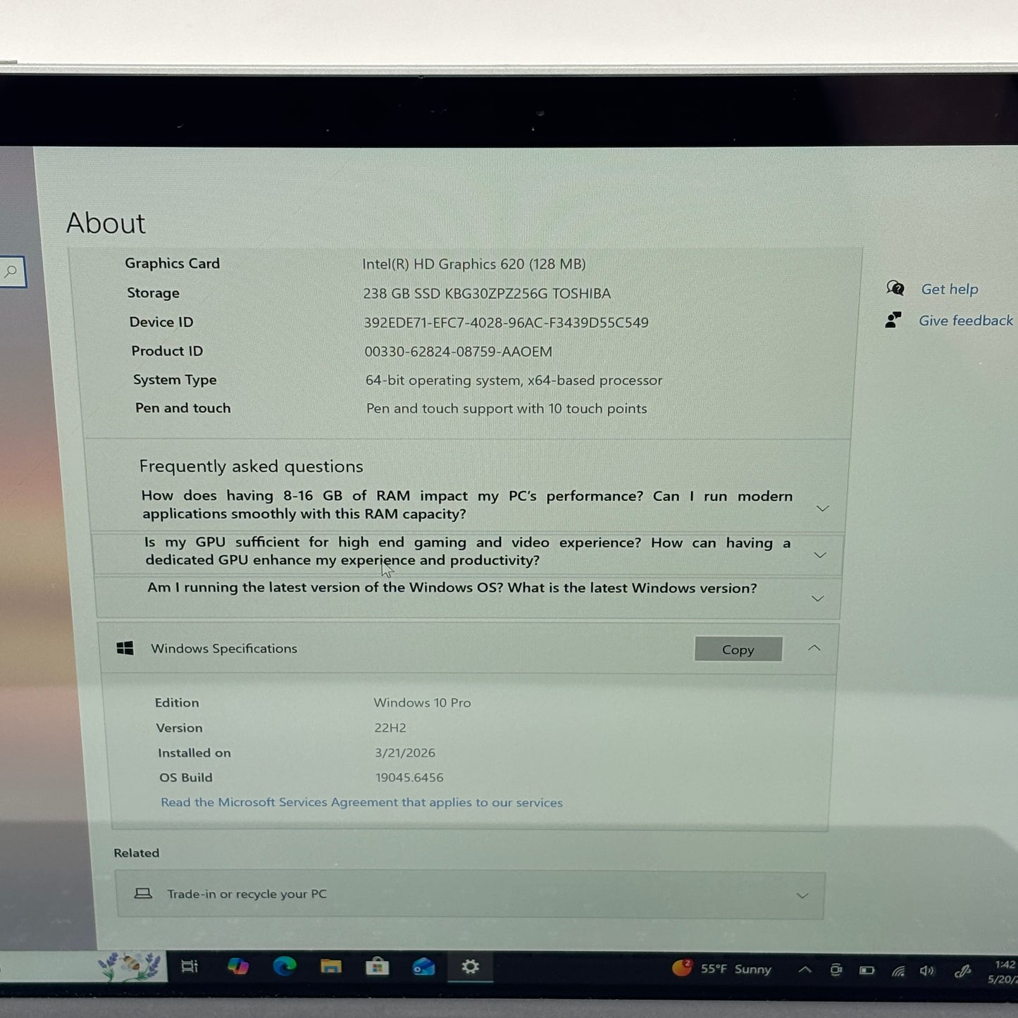 Microsoft Surface Pro 5 1796 12.3" i5-7300U 2.6GHz 8GB RAM 256GB SSD