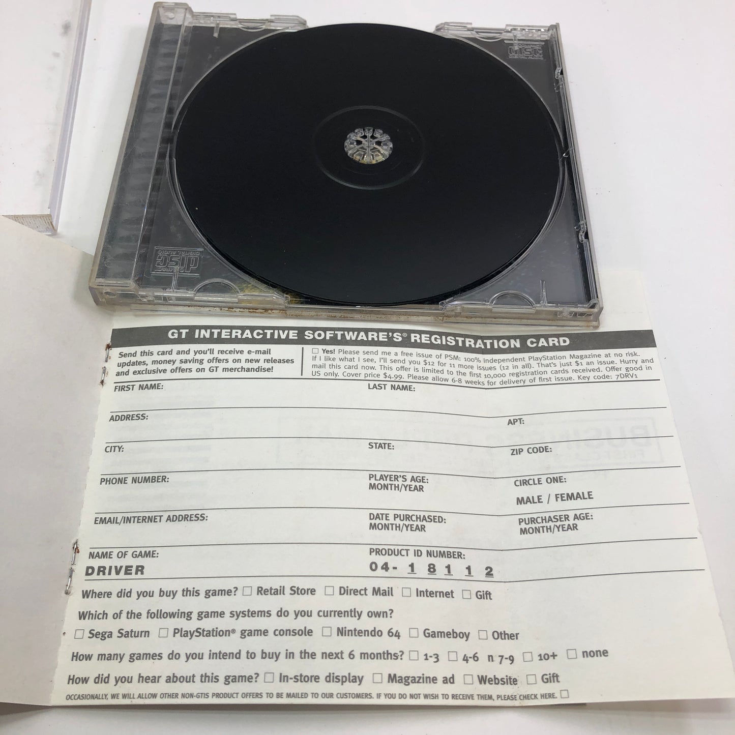 Driver (Sony PlayStation 1 PS1, 1999) CIB w/ Registration Card