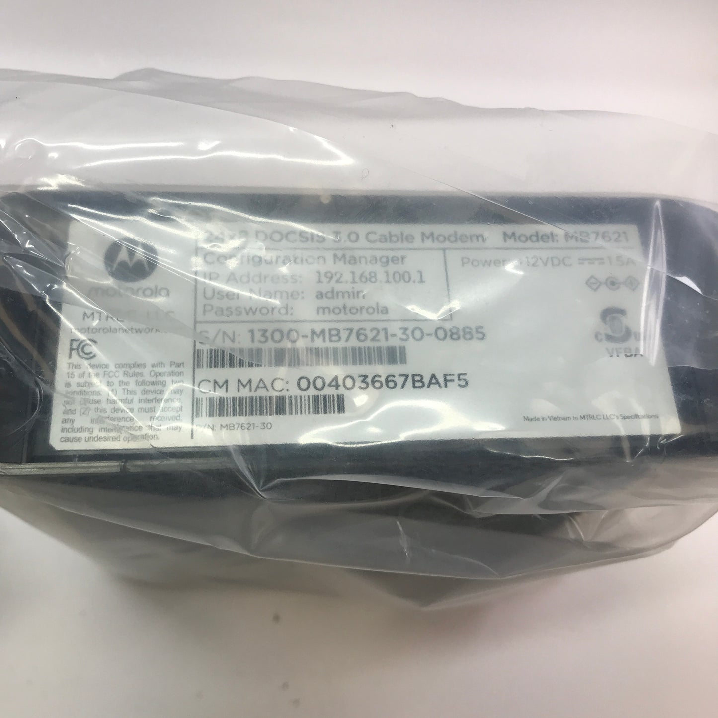 Motorola 24x8 Cable Modem MB7621-30 w/ Original Box, No Ethernet or Power Cable