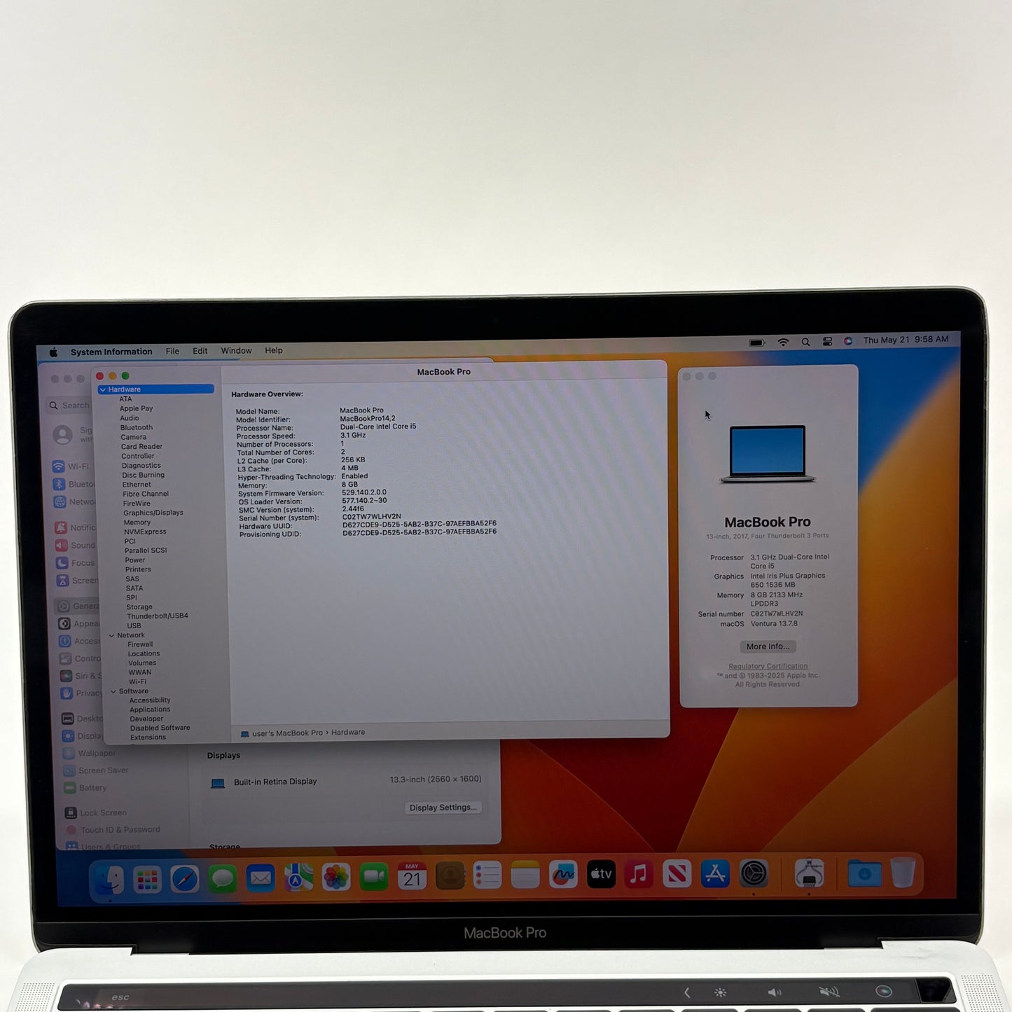 2017 Apple MacBook Pro 13.3" i5 3.1GHz 8GB RAM 256GB SSD Silver A1706