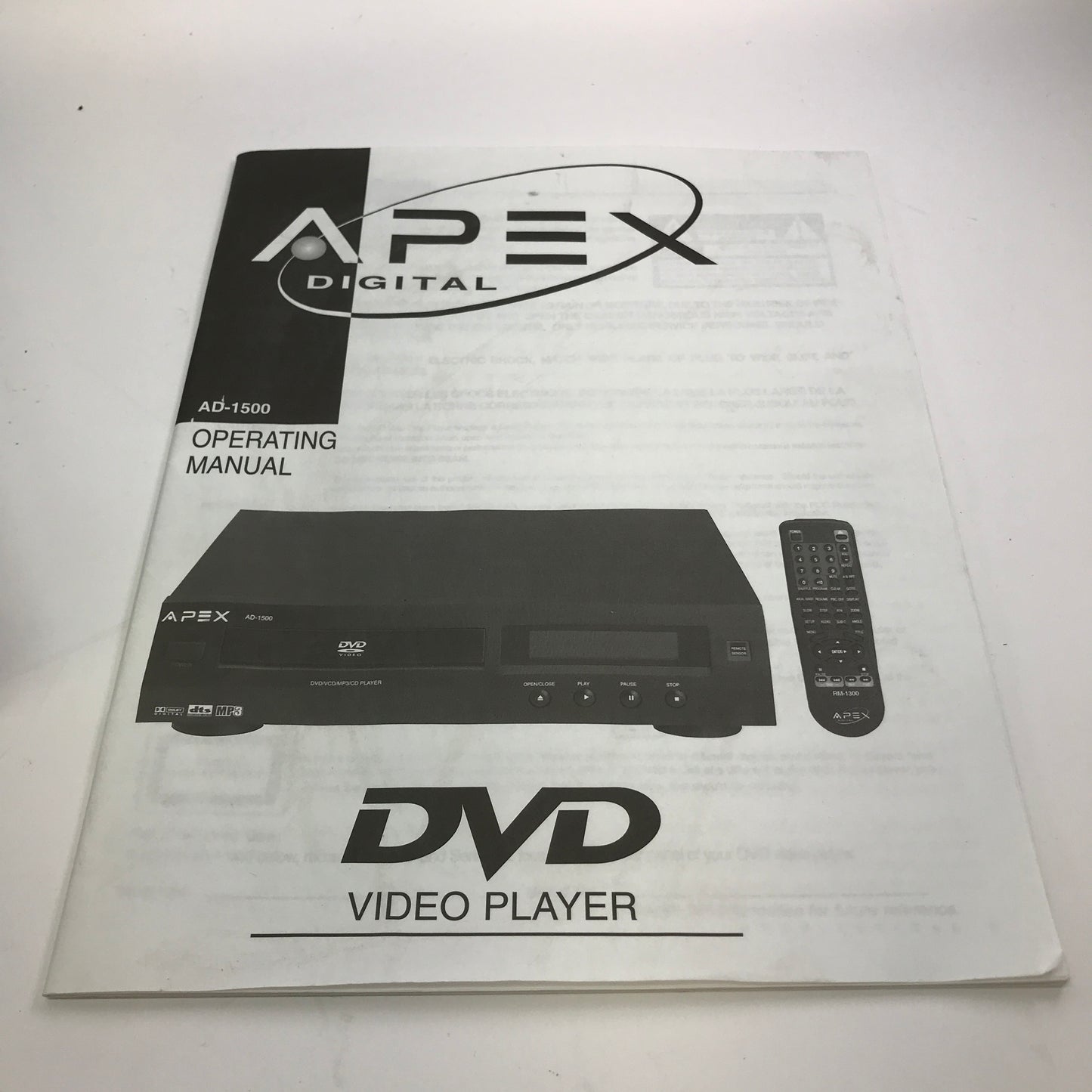 Apex Digital AD-1500 DVD/VCD/MPE/CD PLAYER E196084 w Manual and Remote