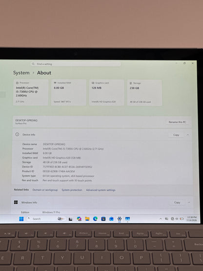 Microsoft Surface Pro 5 1796 12.3" i5-7300U 2.7GHz 8GB RAM 256GB SSD