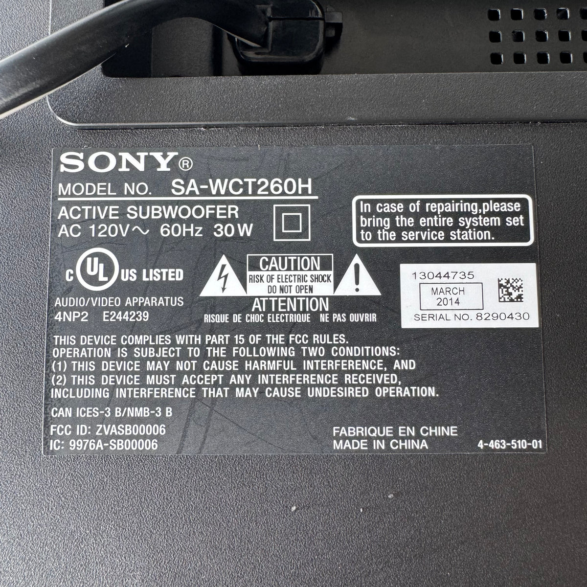 Sony SA-WCT260H Subwoofer Wireless  Read Desc