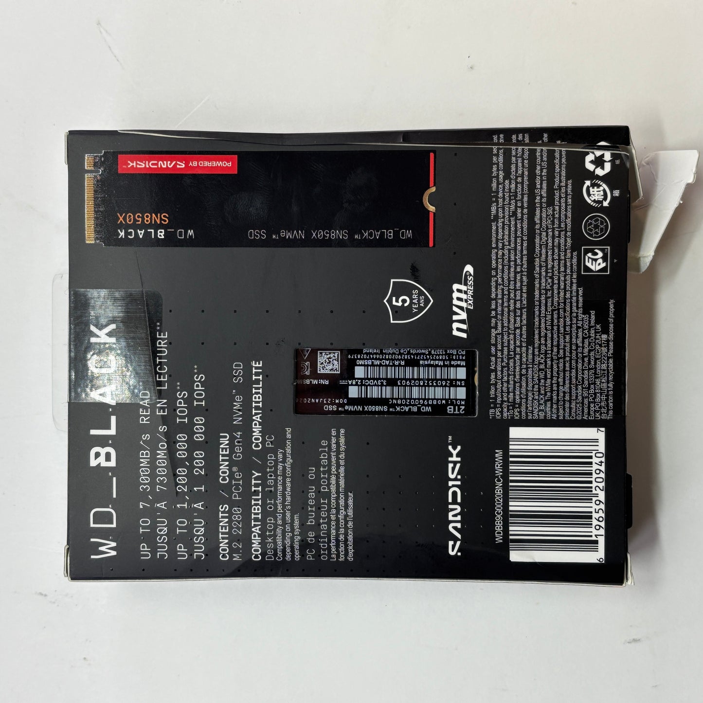 New SanDisk 2280mm Black SN850X 2TB M.2 NVMe Gen 4.0 x 4 SSD WDBB9G0020BNC-WRWM