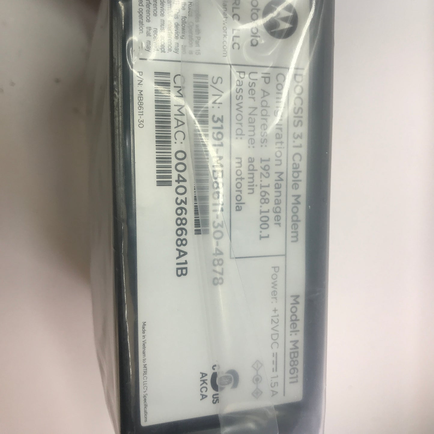 Motorola DOCSIS 3.1 Cable Modem MB8611-30 w Original Box Ethernet and Power