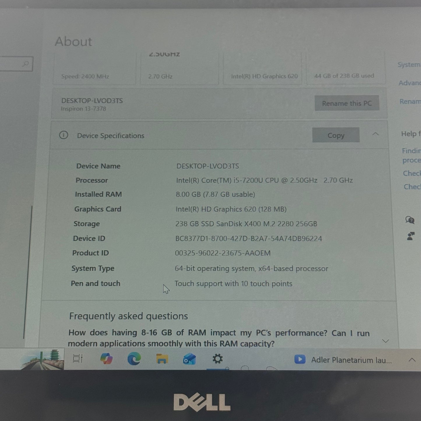 Dell Inspiron P69G001 13.3" i5-7200U 2.5GHz 8GB RAM 256GB SSD with charger READ