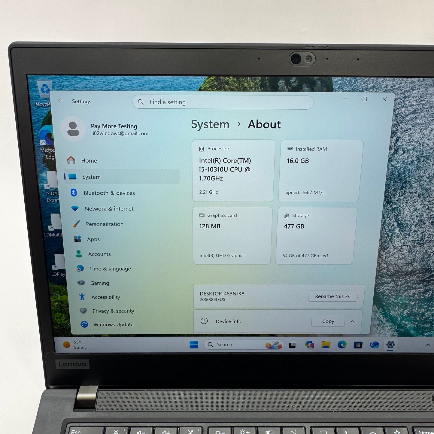 Lenovo ThinkPad T14 Gen 1 14" i5-10310U 2.2GHz 16GB RAM 500GB SSD