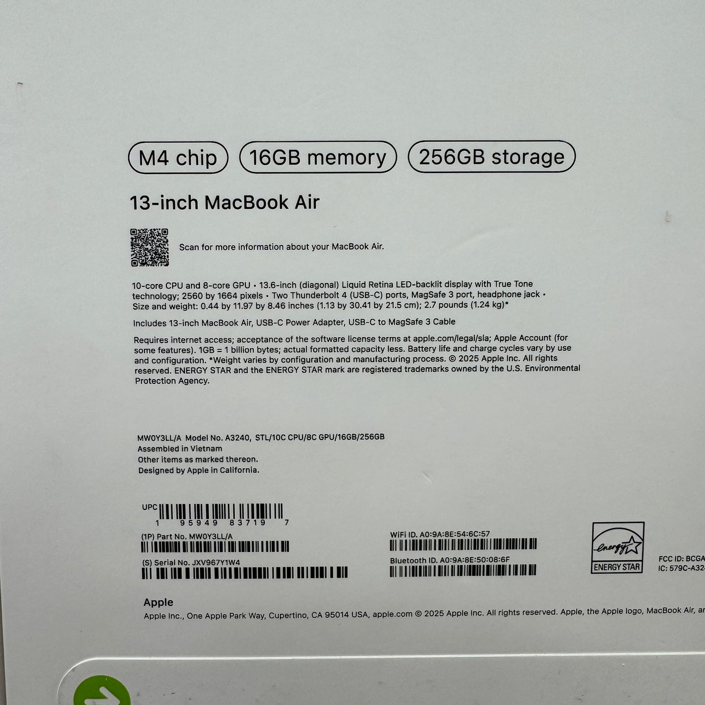 New 2025 Apple MacBook Air 13.3" M4 10C GPU 4.5GHz 16GB RAM 256GB SSD MW0Y3LL/A