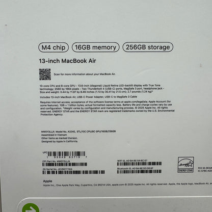 New 2025 Apple MacBook Air 13.3" M4 10C GPU 4.5GHz 16GB RAM 256GB SSD MW0Y3LL/A