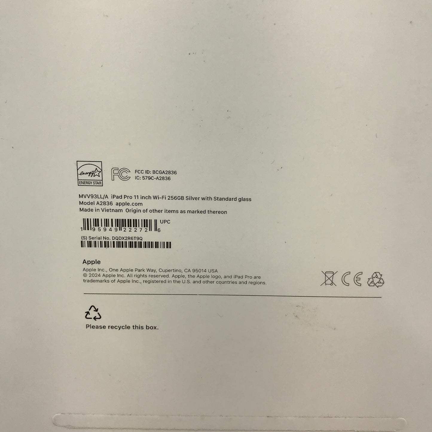 WiFi Only Apple iPad Pro 11" M4 256GB Silver MVV93LL/A w/ Original Box