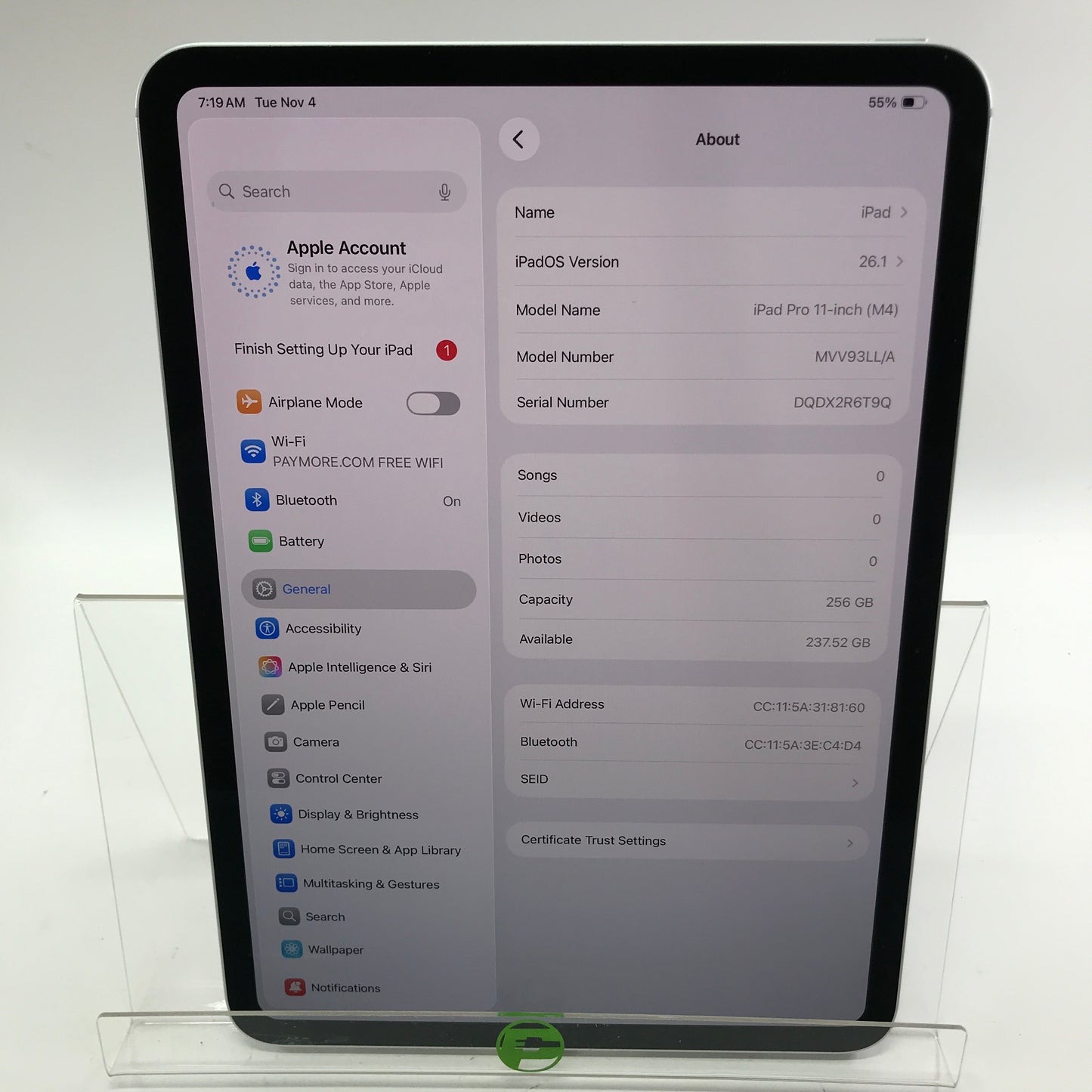 WiFi Only Apple iPad Pro 11" M4 256GB Silver MVV93LL/A w/ Original Box