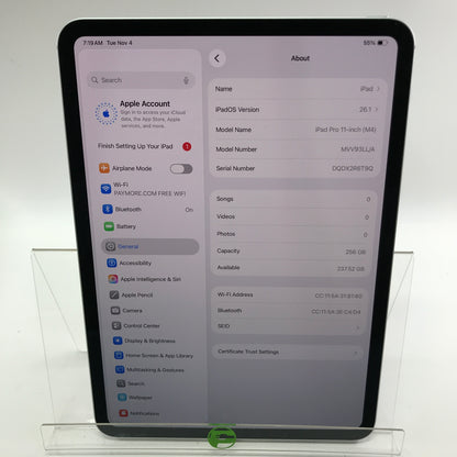 WiFi Only Apple iPad Pro 11" M4 256GB Silver MVV93LL/A w/ Original Box