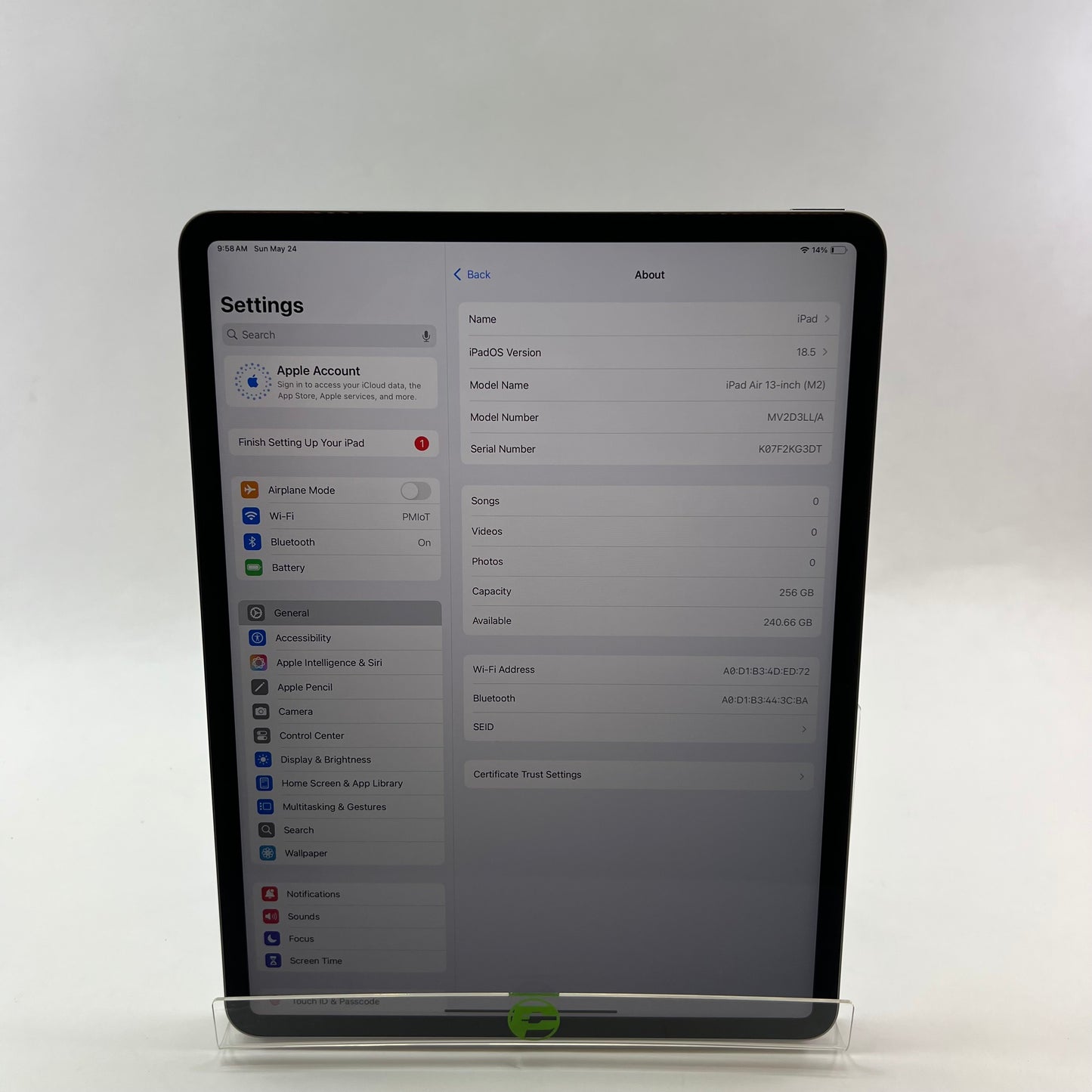 WiFi Only Apple iPad Air 13" M2 256GB Space Gray MV2D3LL/A