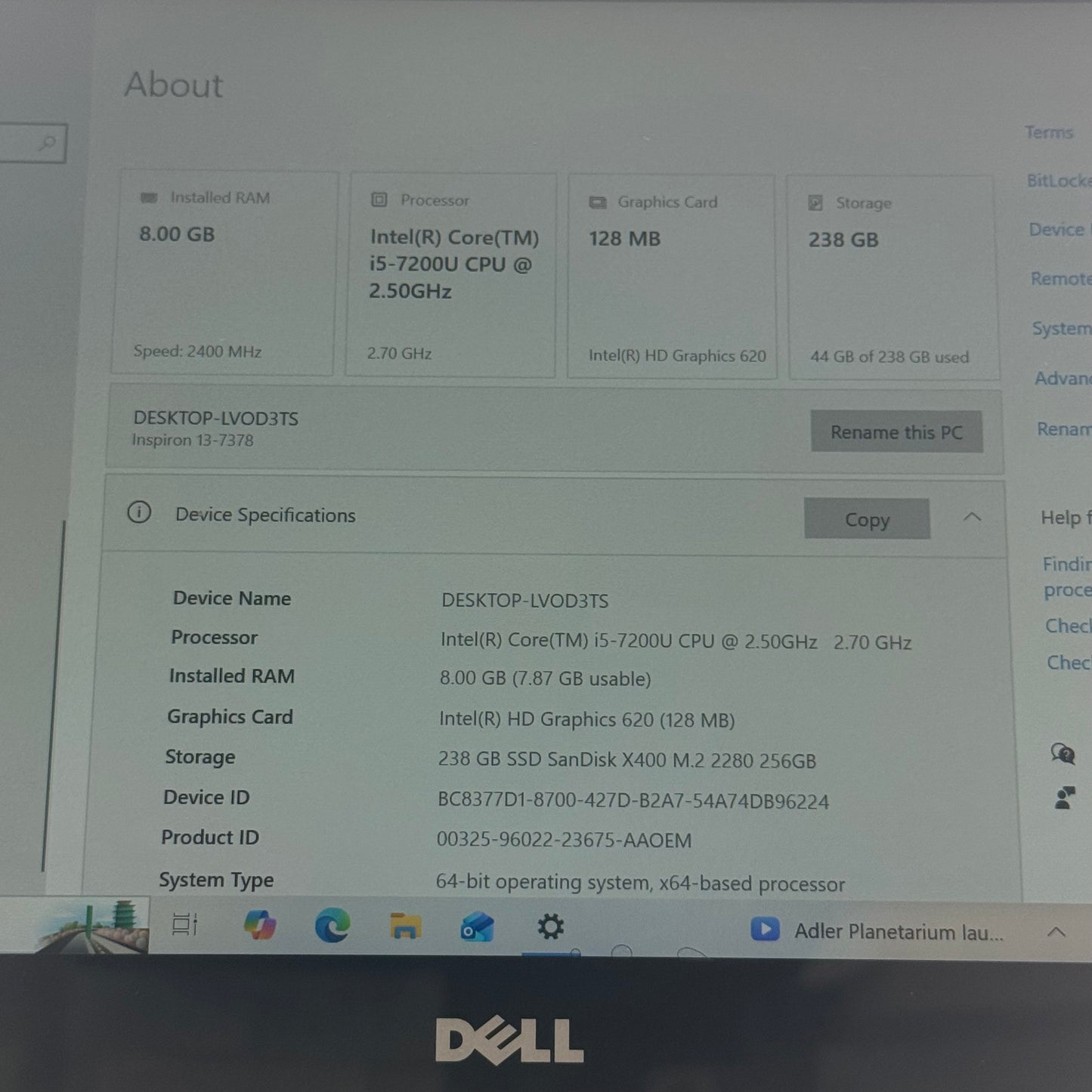 Dell Inspiron P69G001 13.3" i5-7200U 2.5GHz 8GB RAM 256GB SSD with charger READ
