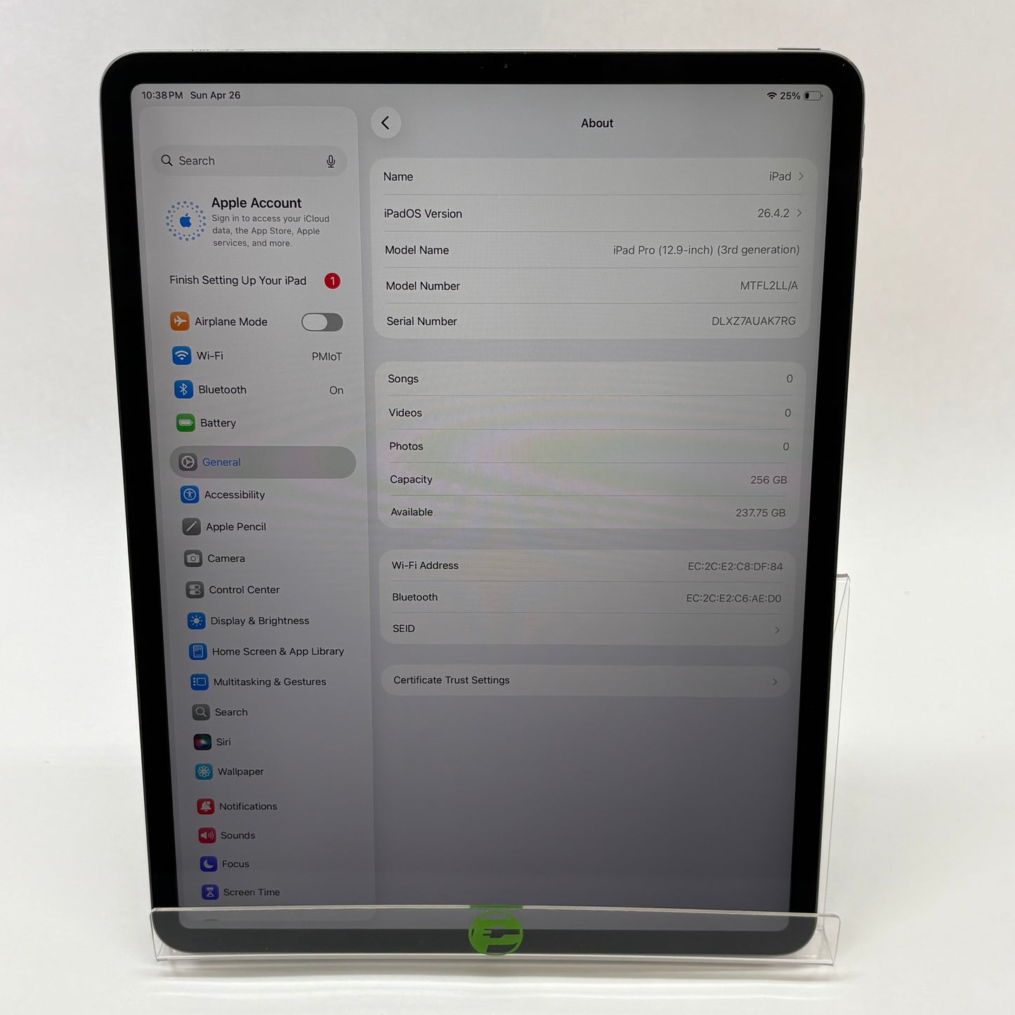WiFi Only Apple iPad Pro 12.9" 3rd Gen 256GB Space Gray MTFL2LL/A